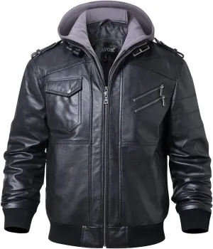 FLAVOR Men Brown Leather Motorcycle Jacket with Removable Hood