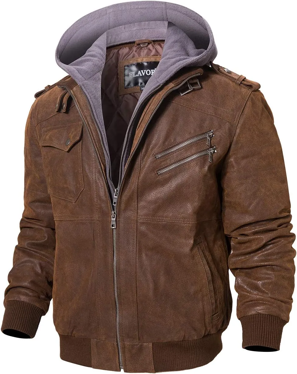 FLAVOR Men Brown Leather Motorcycle Jacket with Removable Hood