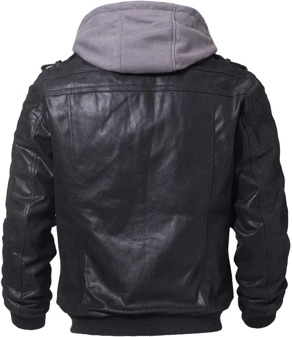 FLAVOR Men Brown Leather Motorcycle Jacket with Removable Hood