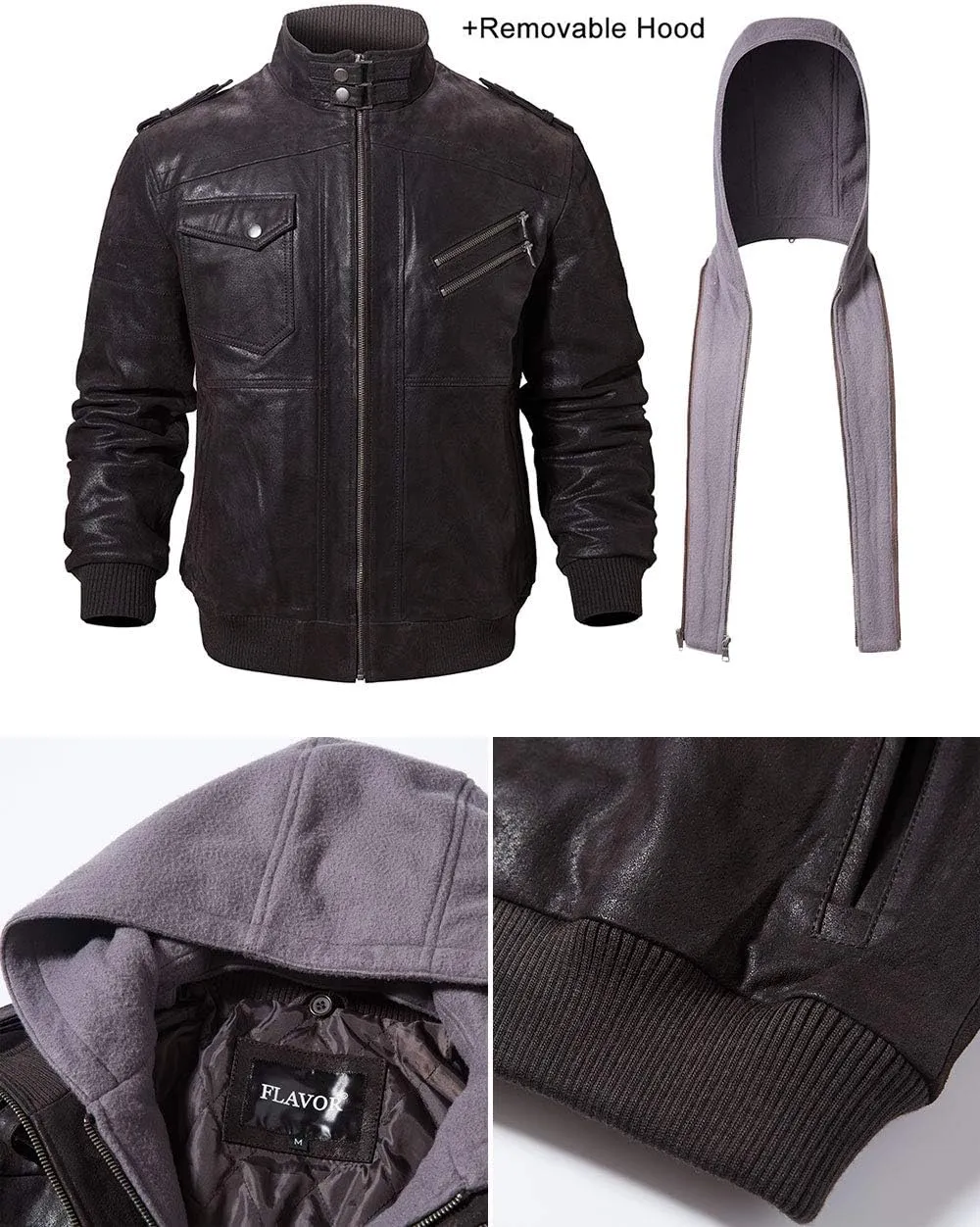 FLAVOR Men Brown Leather Motorcycle Jacket with Removable Hood
