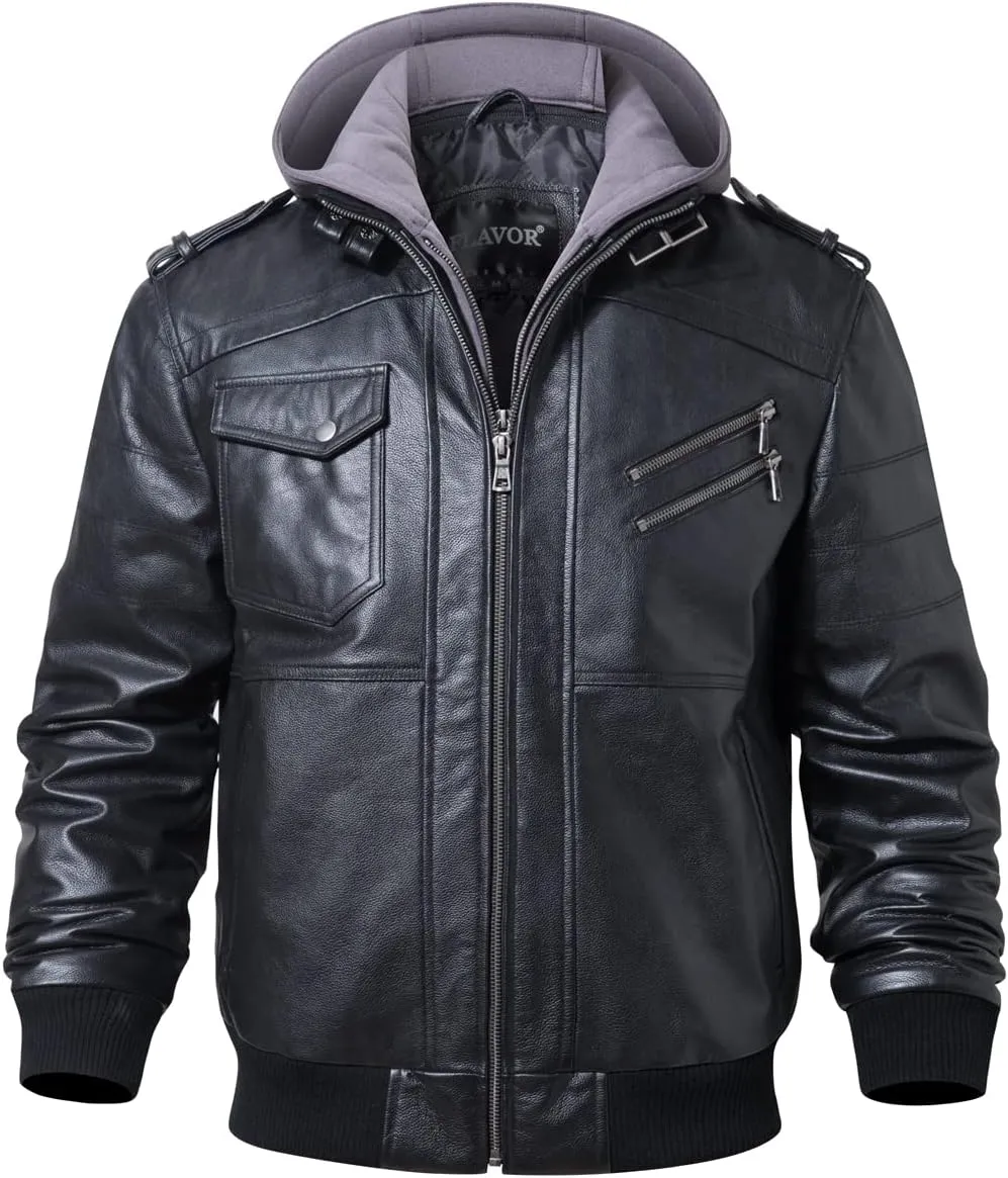 FLAVOR Men Brown Leather Motorcycle Jacket with Removable Hood