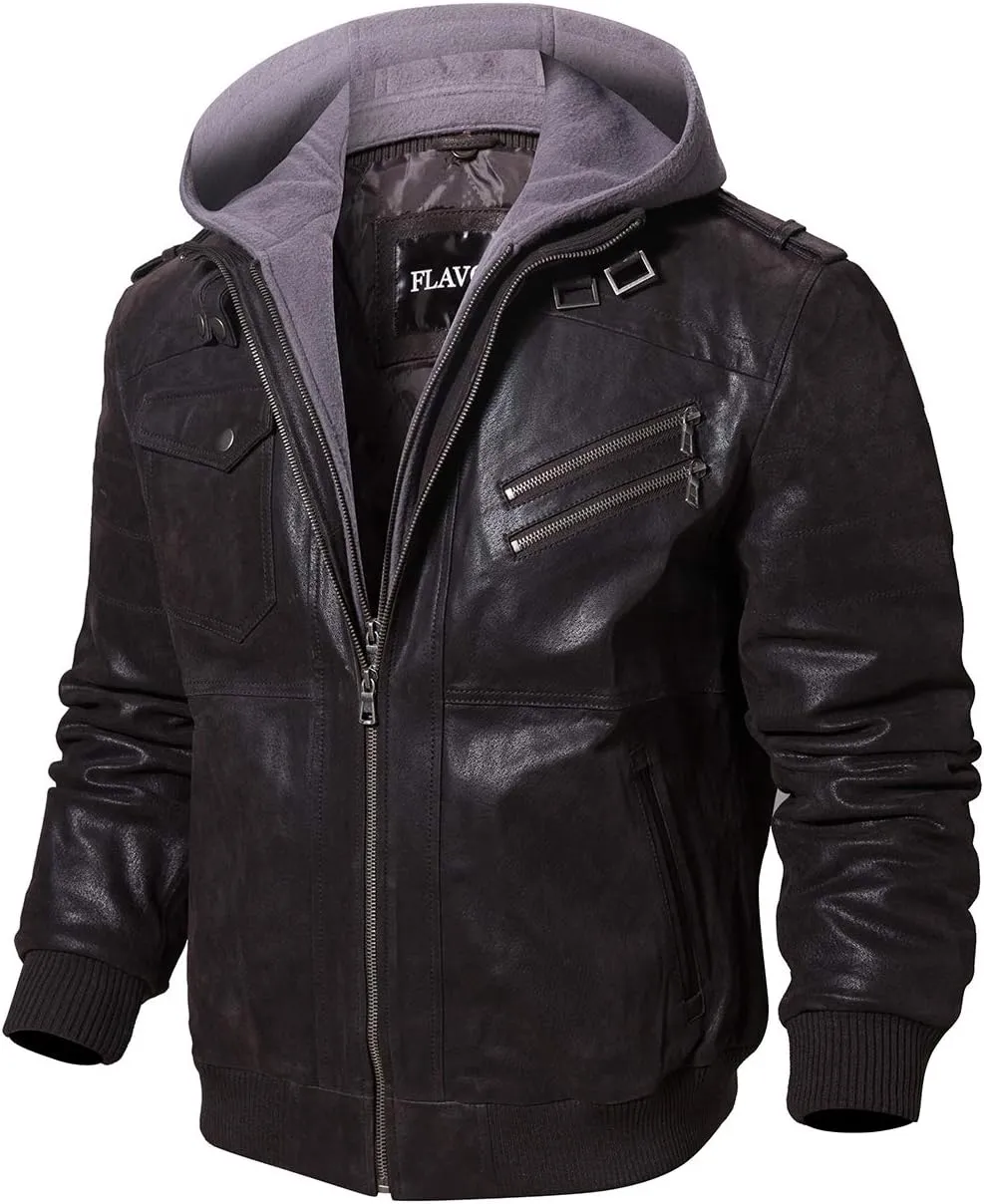 FLAVOR Men Brown Leather Motorcycle Jacket with Removable Hood