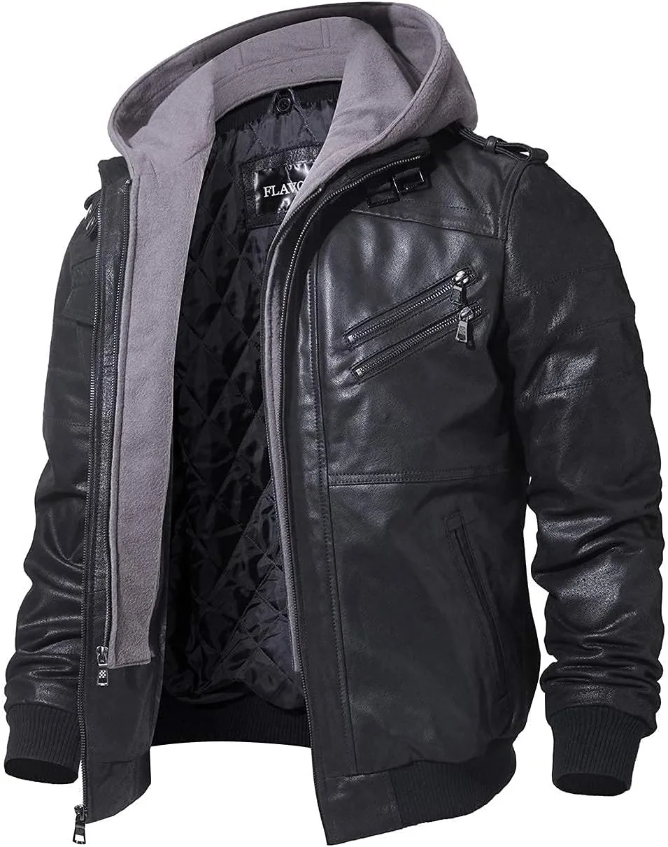 FLAVOR Men Brown Leather Motorcycle Jacket with Removable Hood