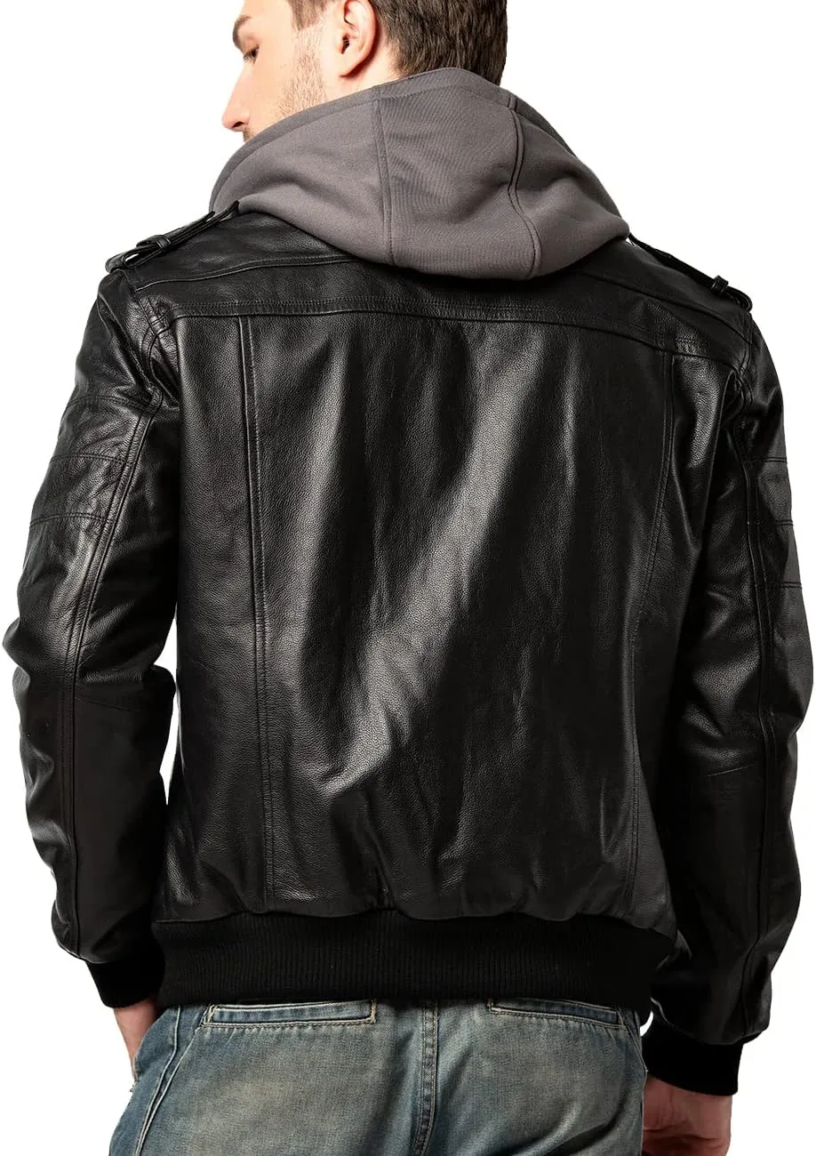FLAVOR Men Brown Leather Motorcycle Jacket with Removable Hood