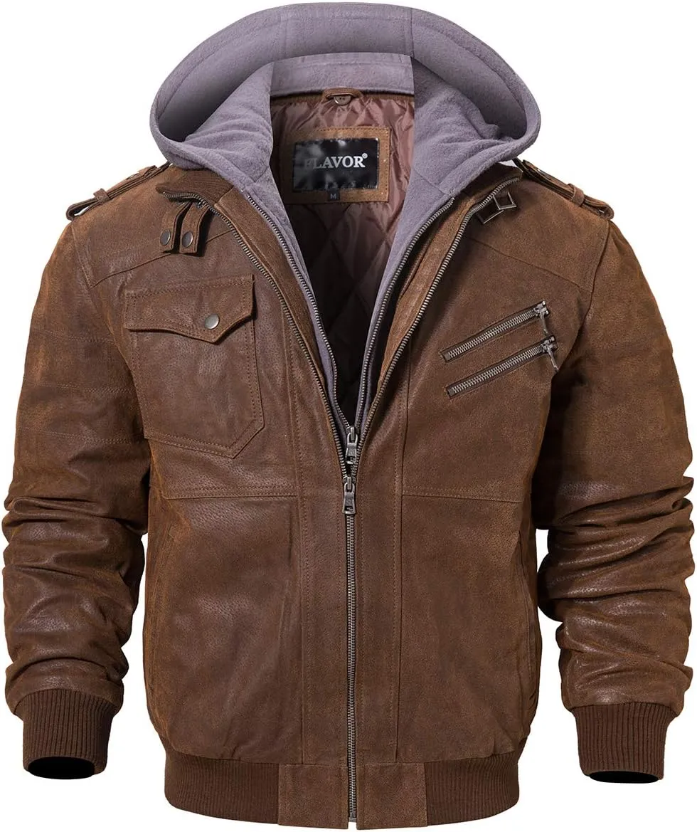 FLAVOR Men Brown Leather Motorcycle Jacket with Removable Hood