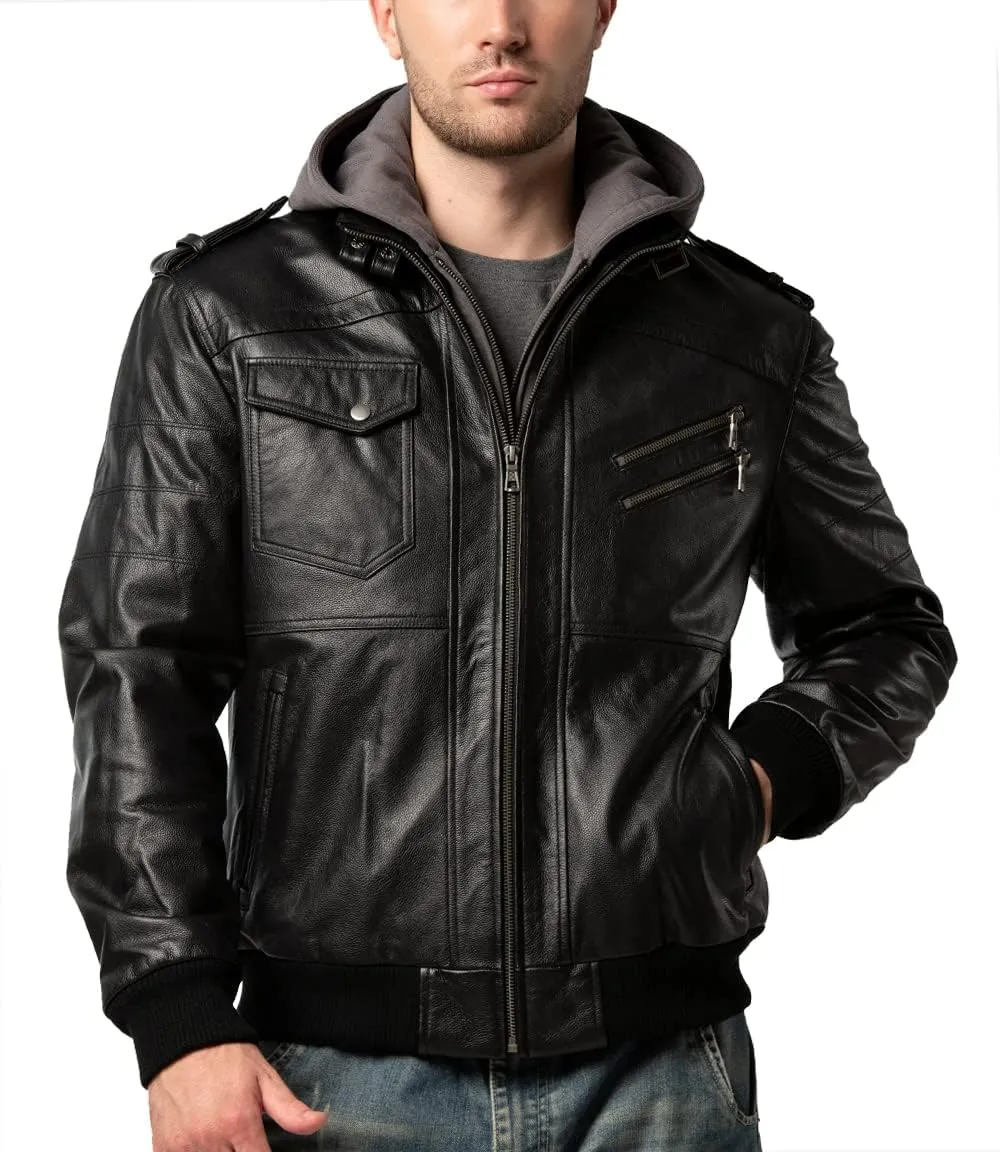 FLAVOR Men Brown Leather Motorcycle Jacket with Removable Hood