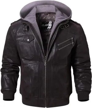 FLAVOR Men Brown Leather Motorcycle Jacket with Removable Hood