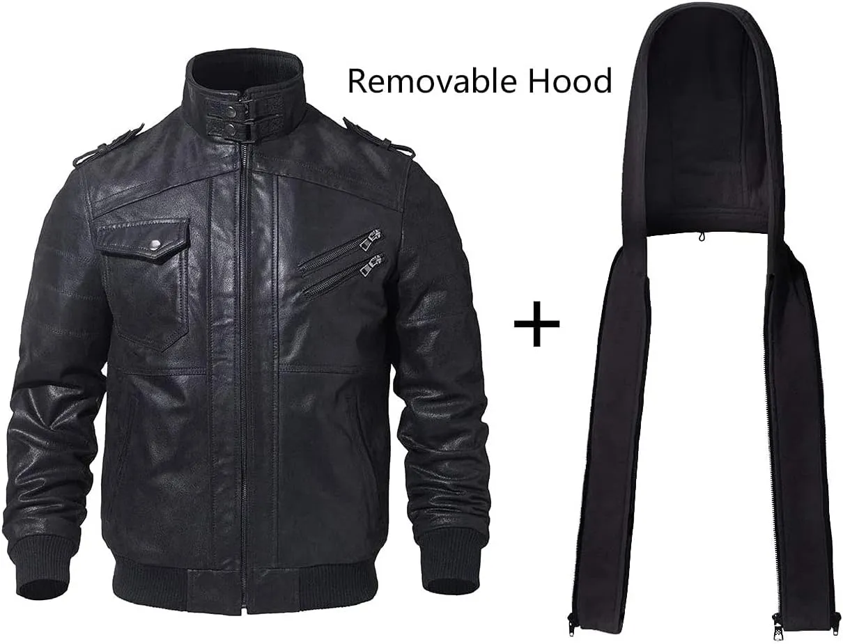 FLAVOR Men Brown Leather Motorcycle Jacket with Removable Hood