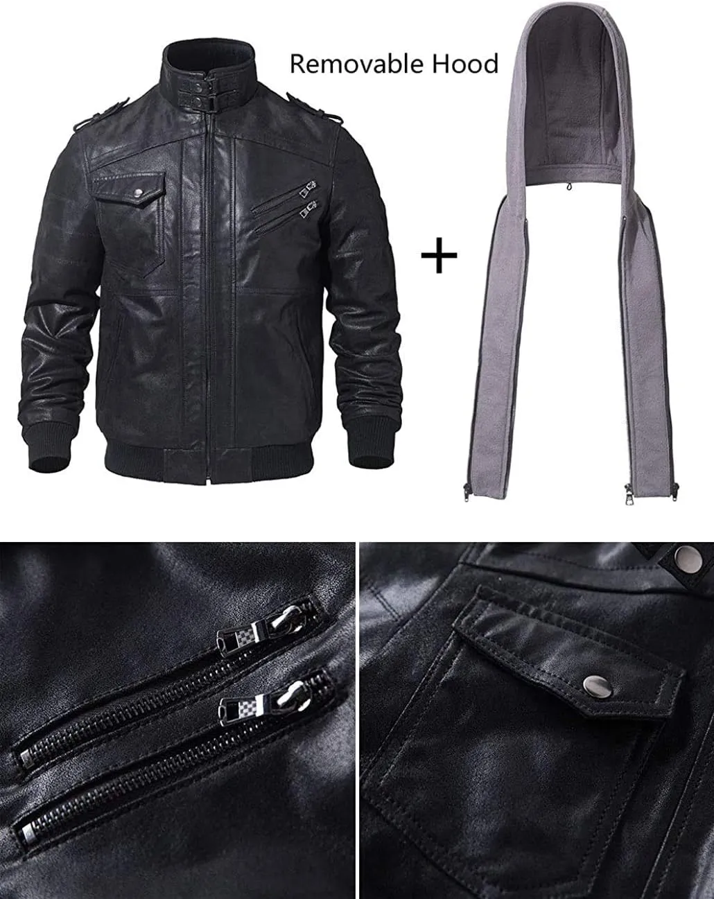 FLAVOR Men Brown Leather Motorcycle Jacket with Removable Hood