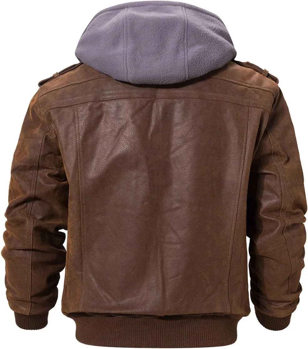 FLAVOR Men Brown Leather Motorcycle Jacket with Removable Hood