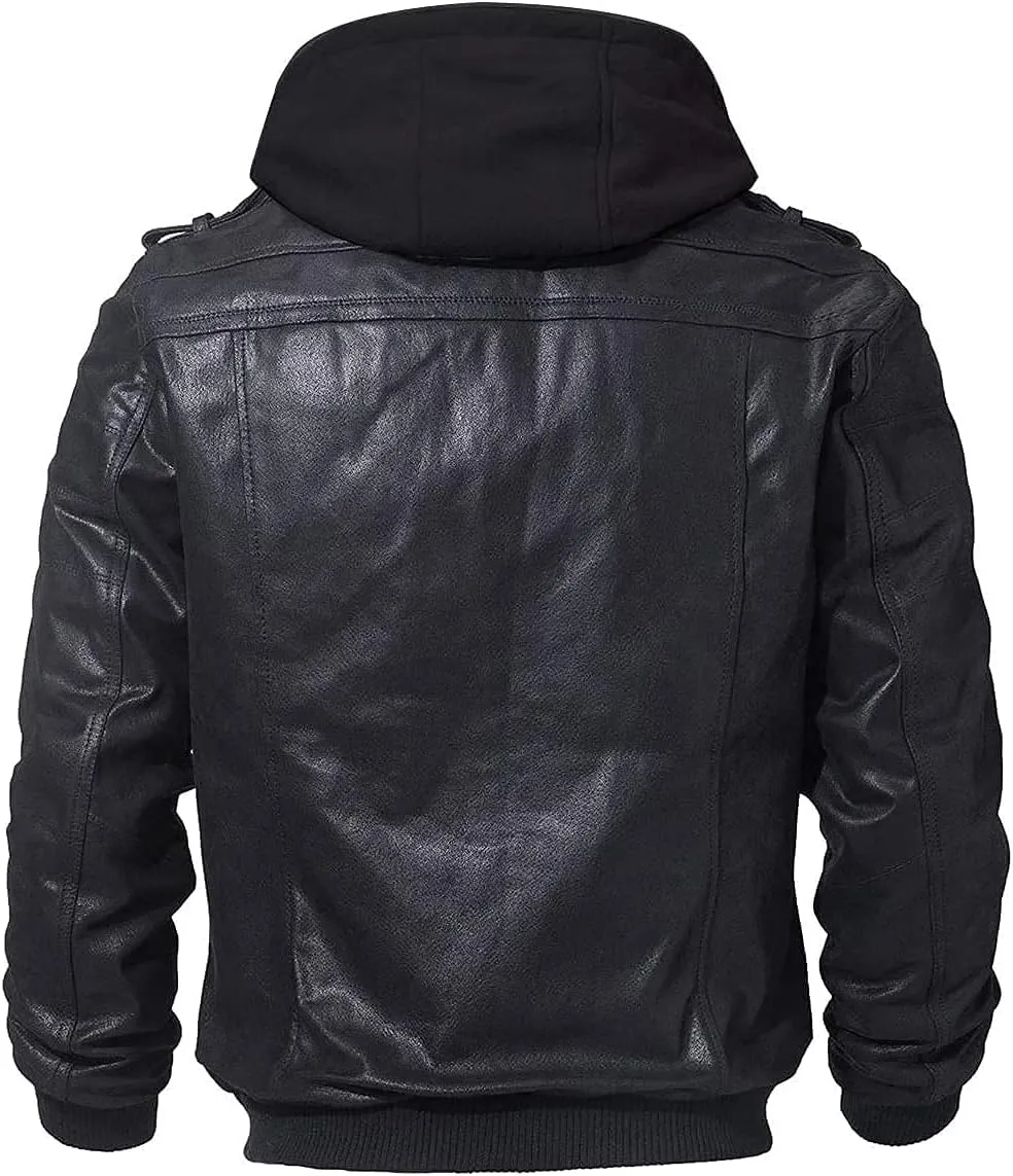 FLAVOR Men Brown Leather Motorcycle Jacket with Removable Hood