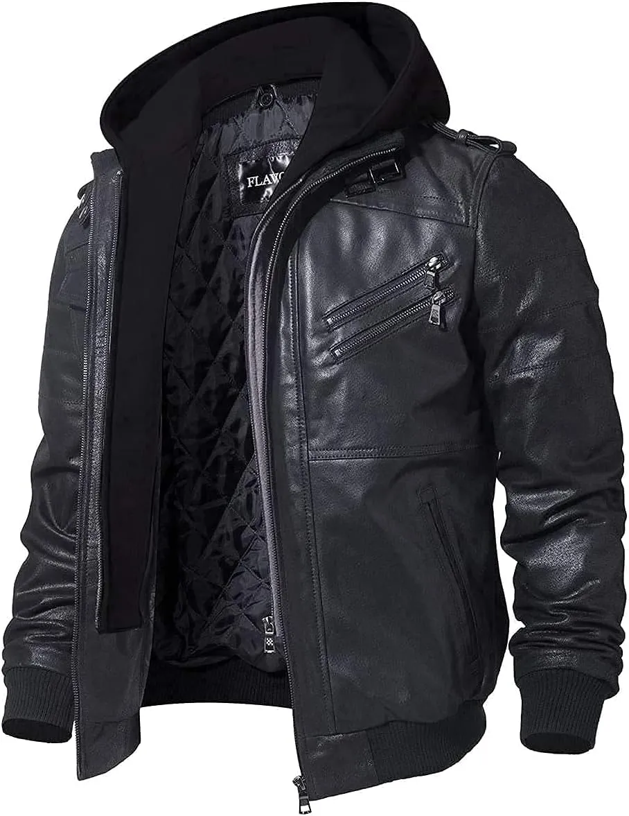 FLAVOR Men Brown Leather Motorcycle Jacket with Removable Hood