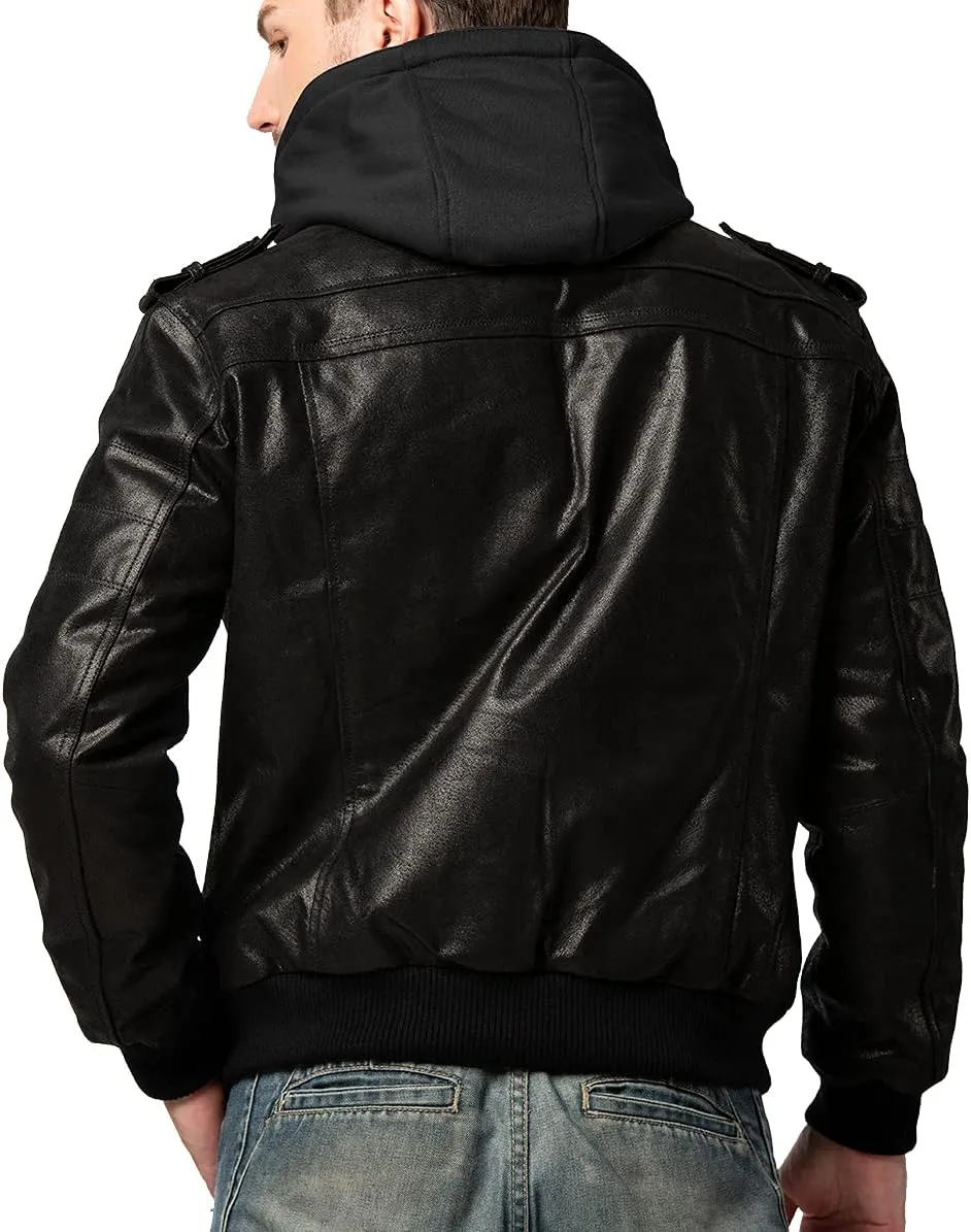 FLAVOR Men Brown Leather Motorcycle Jacket with Removable Hood