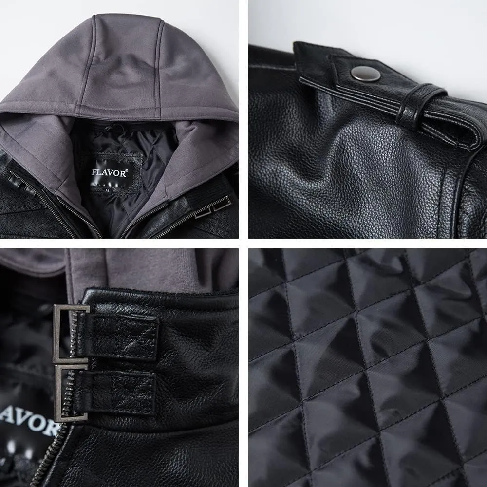 FLAVOR Men Brown Leather Motorcycle Jacket with Removable Hood