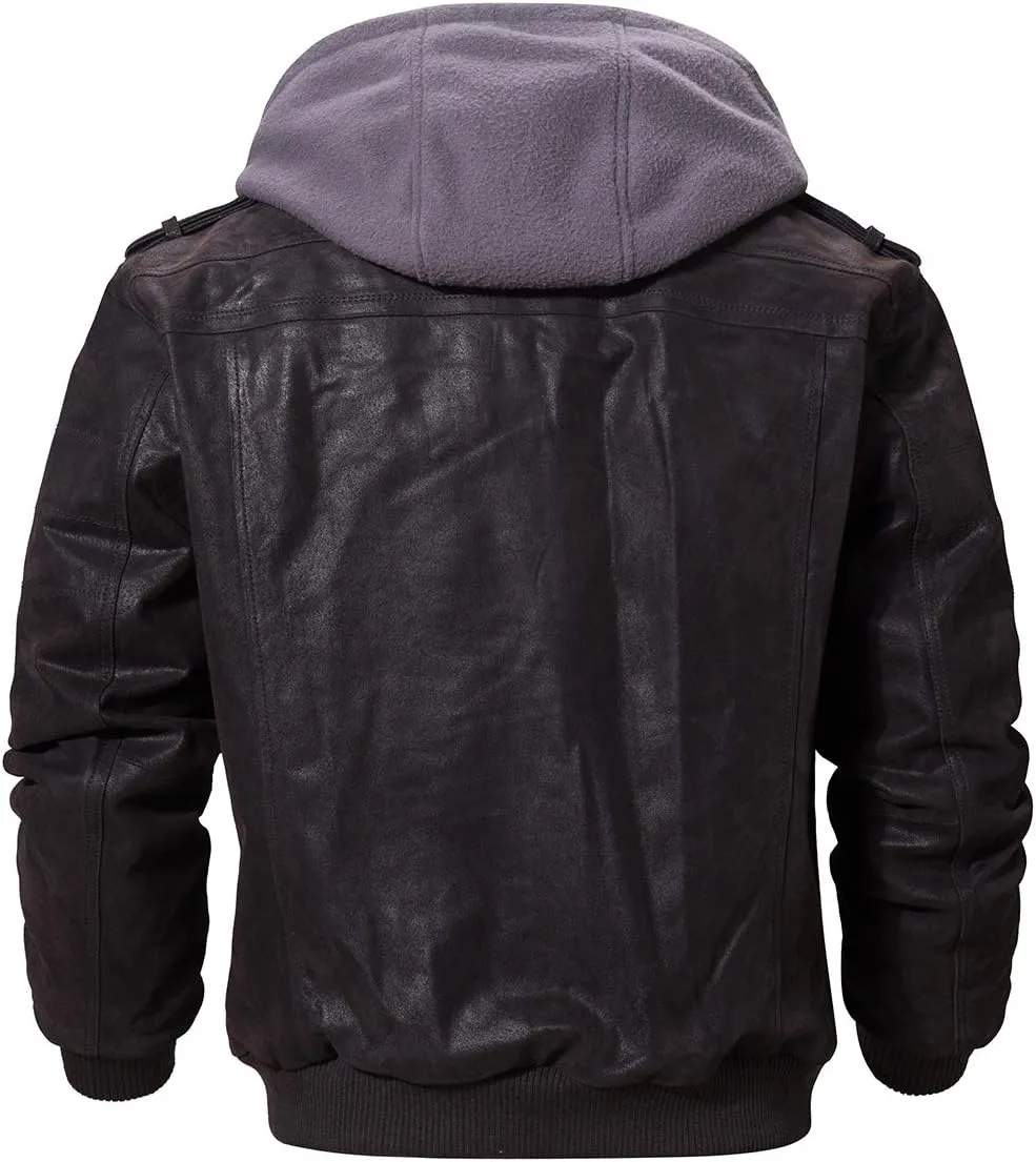 FLAVOR Men Brown Leather Motorcycle Jacket with Removable Hood