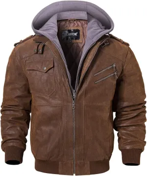 FLAVOR Men Brown Leather Motorcycle Jacket with Removable Hood