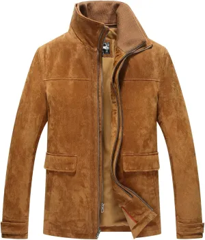 FLAVOR Men's Classic Leather Jacket Suede Winter Coat with Removable Collar
