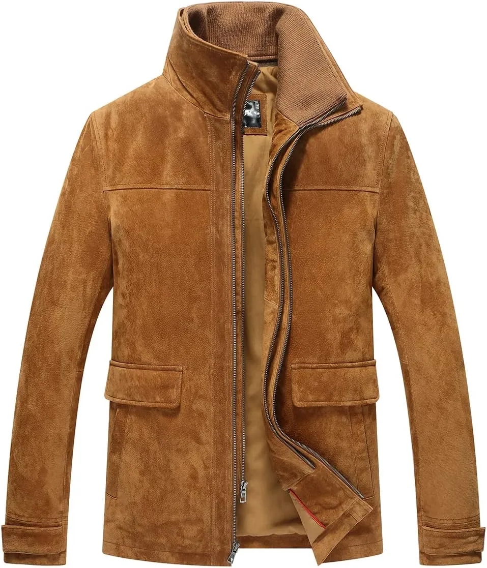 FLAVOR Men's Classic Leather Jacket Suede Winter Coat with Removable Collar