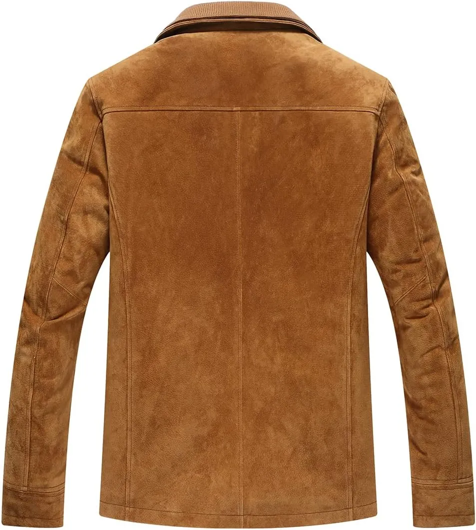 FLAVOR Men's Classic Leather Jacket Suede Winter Coat with Removable Collar