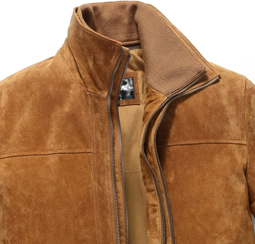 FLAVOR Men's Classic Leather Jacket Suede Winter Coat with Removable Collar