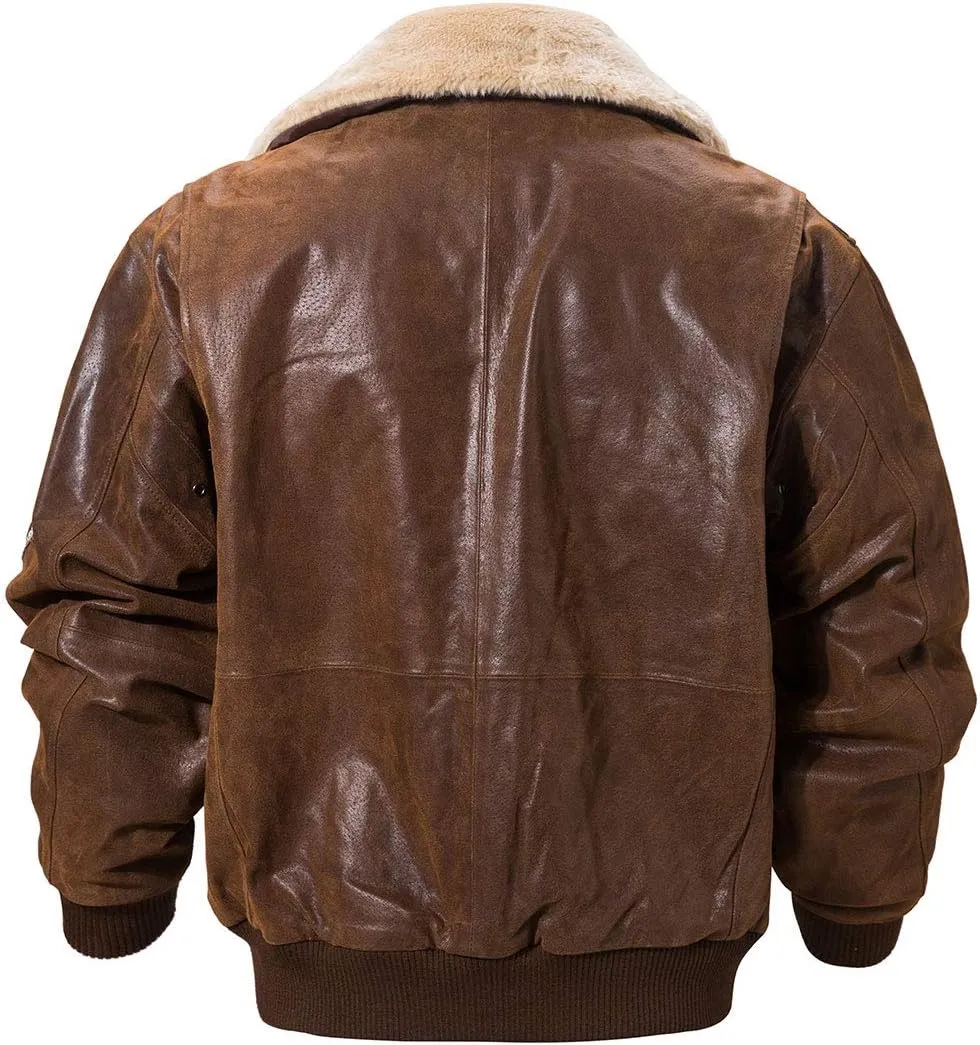 FLAVOR Men's Real Leather Bomber Jacket with Removable Fur Collar Aviator