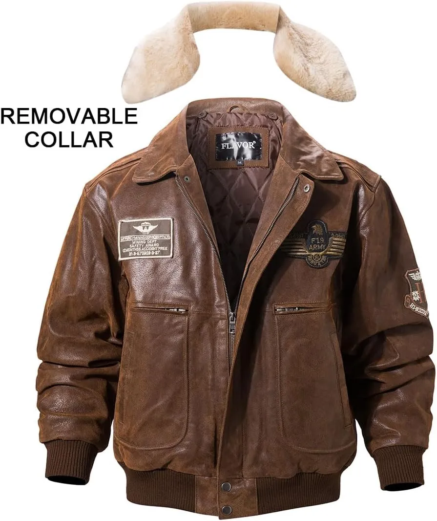 FLAVOR Men's Real Leather Bomber Jacket with Removable Fur Collar Aviator
