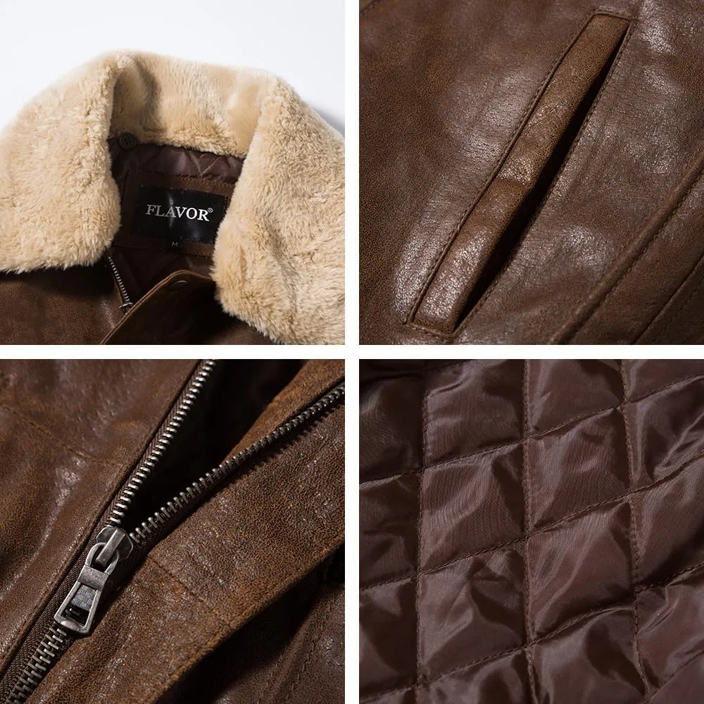FLAVOR Men's Real Leather Bomber Jacket with Removable Fur Collar Aviator