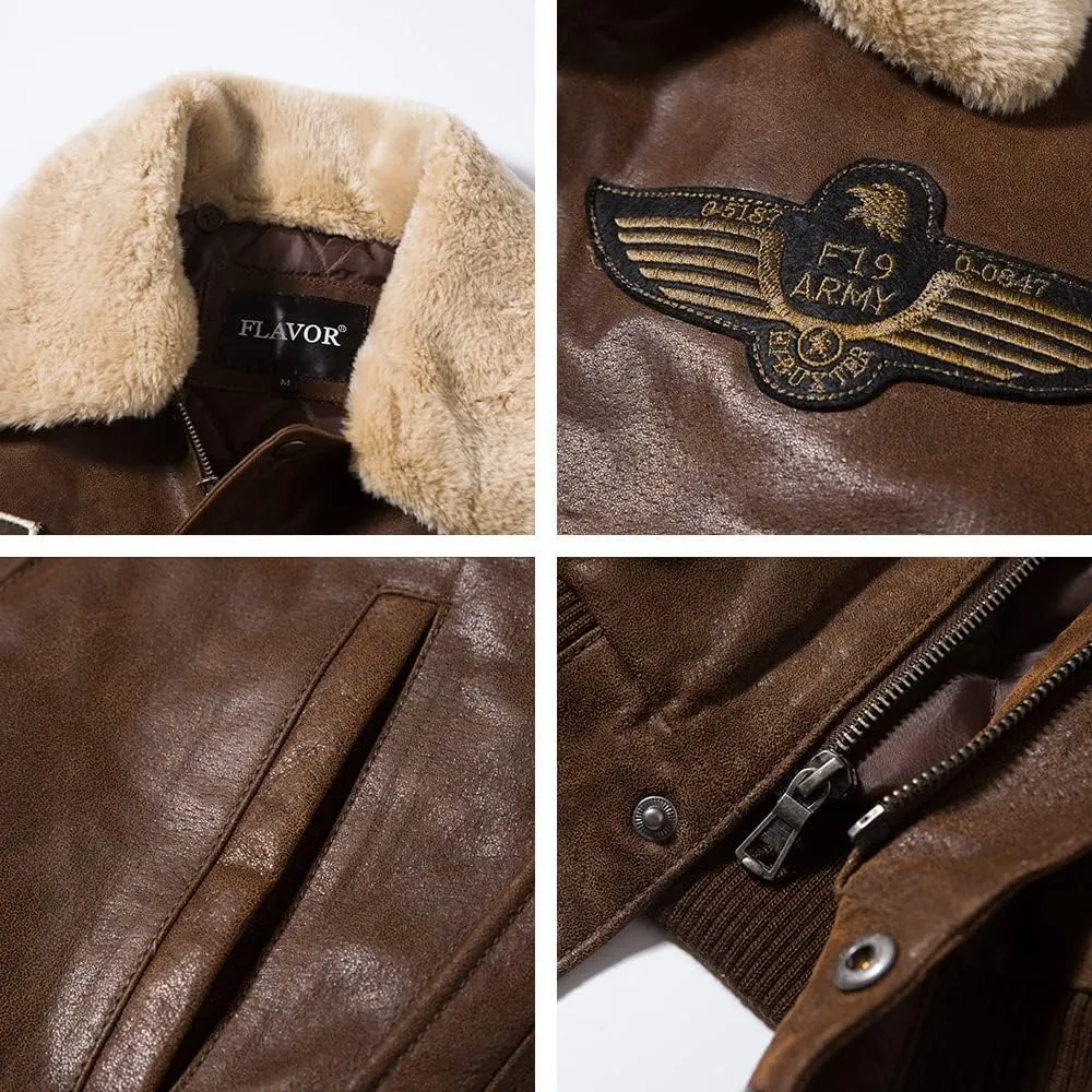 FLAVOR Men's Real Leather Bomber Jacket with Removable Fur Collar Aviator