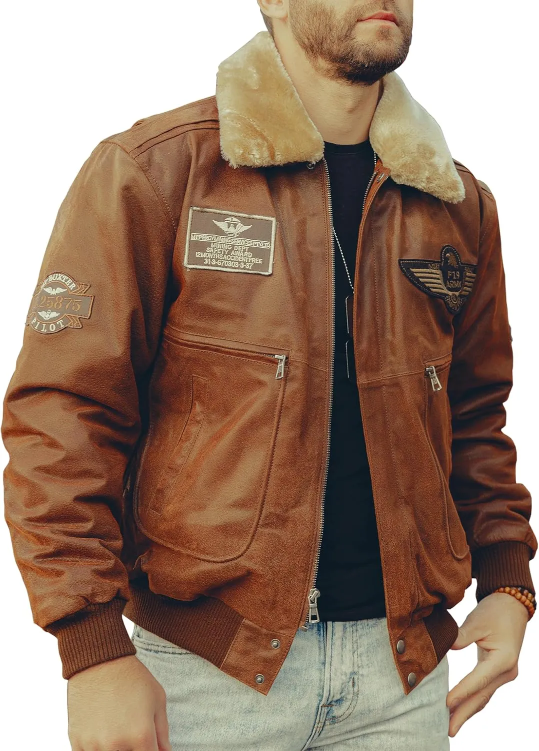 FLAVOR Men's Real Leather Bomber Jacket with Removable Fur Collar Aviator