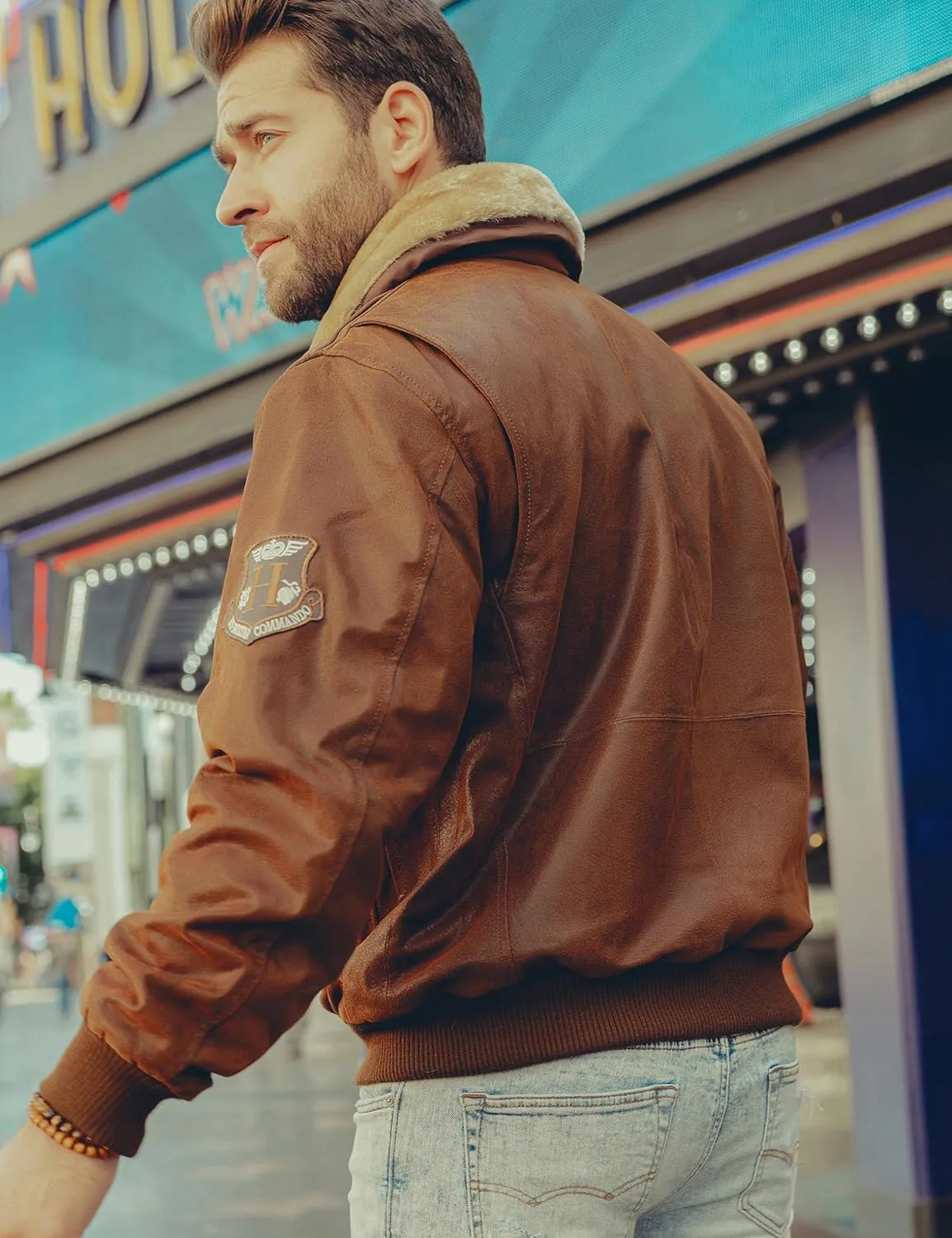 FLAVOR Men's Real Leather Bomber Jacket with Removable Fur Collar Aviator