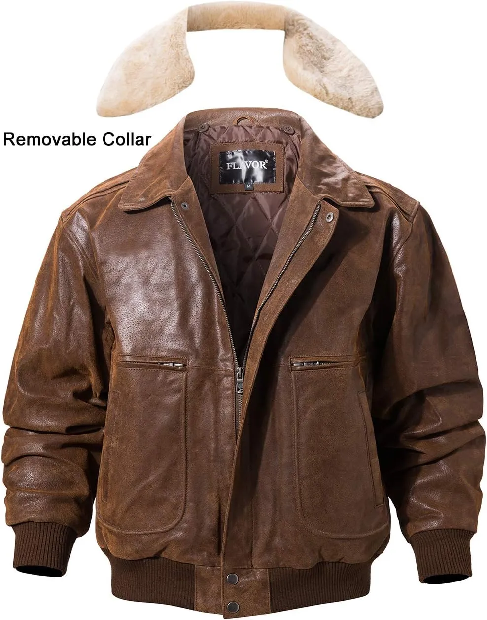 FLAVOR Men's Real Leather Bomber Jacket with Removable Fur Collar Aviator