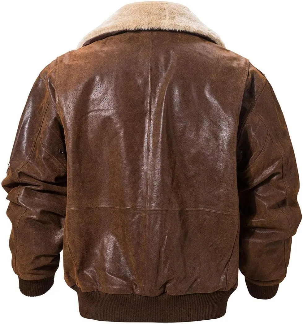 FLAVOR Men's Real Leather Bomber Jacket with Removable Fur Collar Aviator