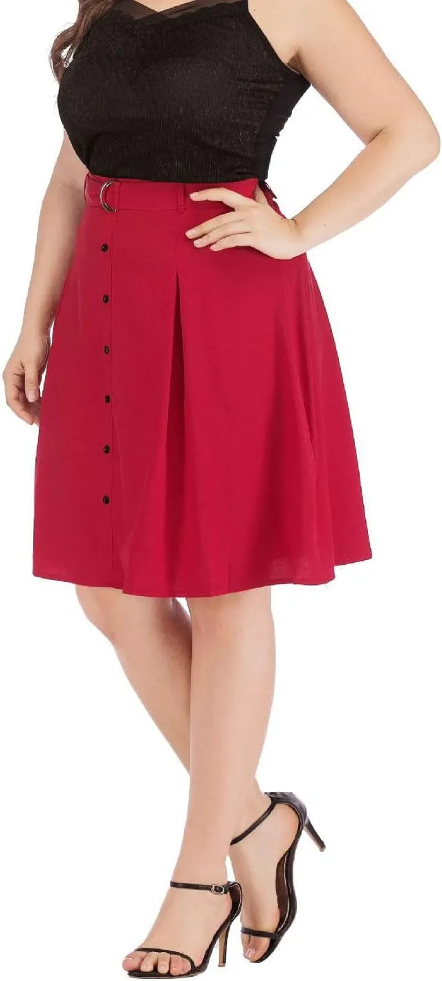 Flygo Women's A-Line High Waisted Button Front Belted Pleated Skater Skirts Midi Knee Length Skirt