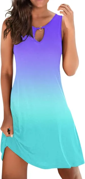 for Women Summer Loose Dress Sleeveless Floral Print V Neck Hollow Out Beach Dress Mini Dress Halter Formal