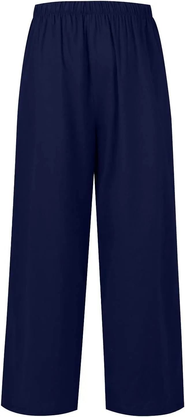 FRMUIC Women Cotton Linen Summer Palazzo Pants Flowy Wide Leg Beach Trousers Casual Lounge Pant Vacation Outfits with Pockets