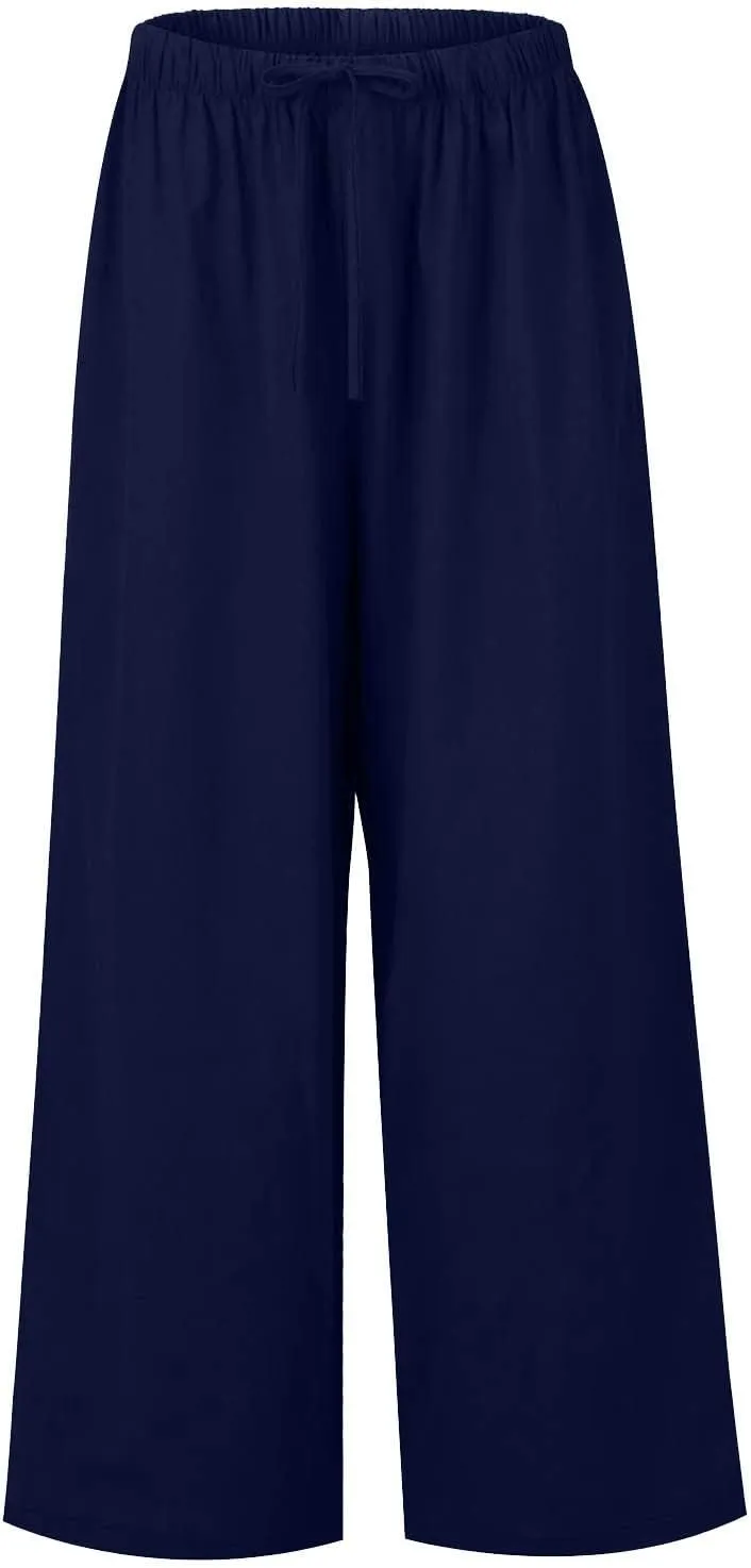 FRMUIC Women Cotton Linen Summer Palazzo Pants Flowy Wide Leg Beach Trousers Casual Lounge Pant Vacation Outfits with Pockets