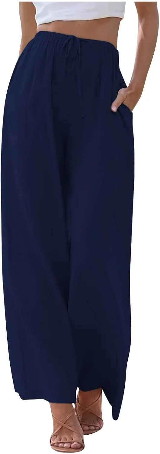 FRMUIC Women Cotton Linen Summer Palazzo Pants Flowy Wide Leg Beach Trousers Casual Lounge Pant Vacation Outfits with Pockets