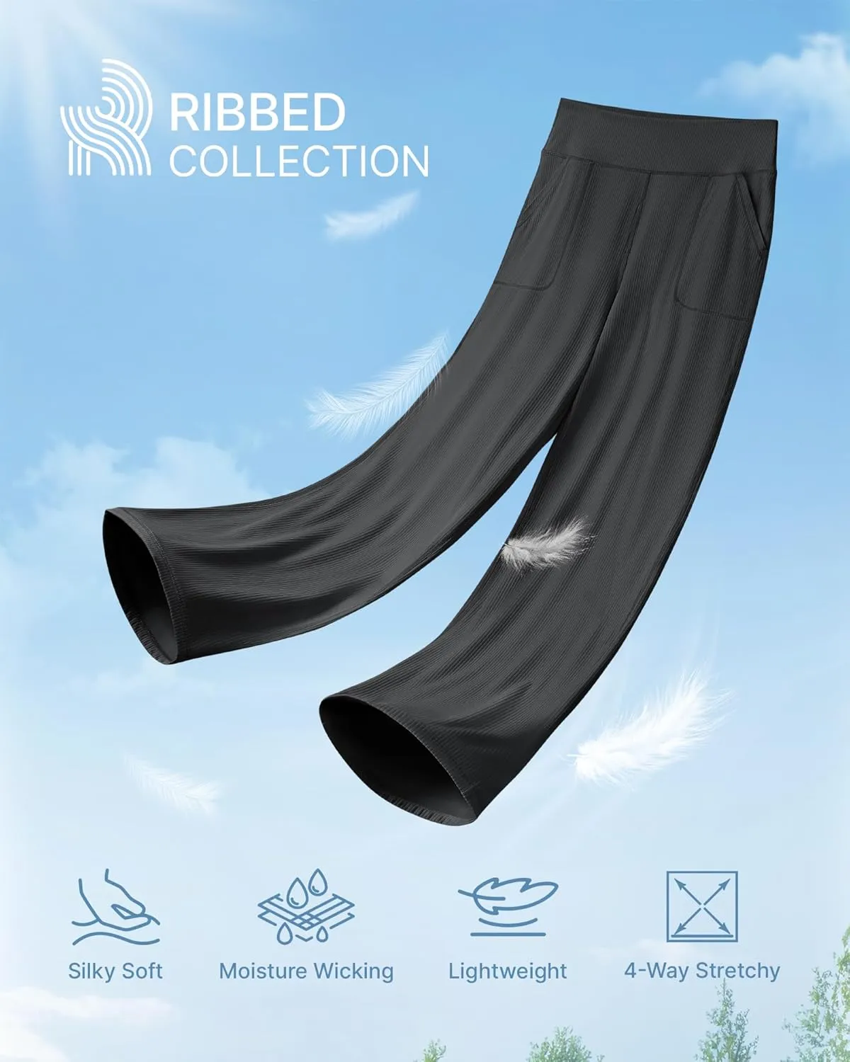 G4Free Women Casual Ribbed Wide Leg Pants with Pockets Lightweight High Waist Yoga Pants Petite/Regular/Tall