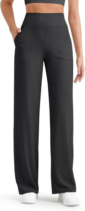 G4Free Women Casual Ribbed Wide Leg Pants with Pockets Lightweight High Waist Yoga Pants Petite/Regular/Tall