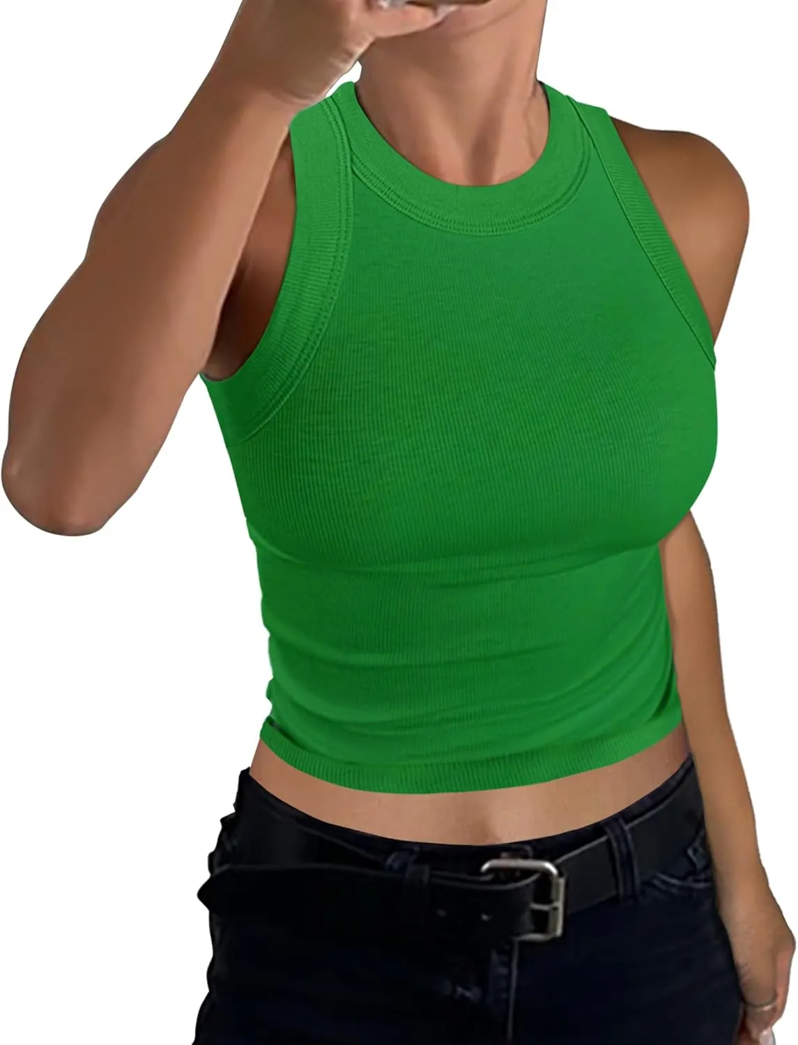 GEMBERA Womens Sleeveless High Neck Racerback Ribbed Knit Fitted Basic Cotton Cropped Tank Top
