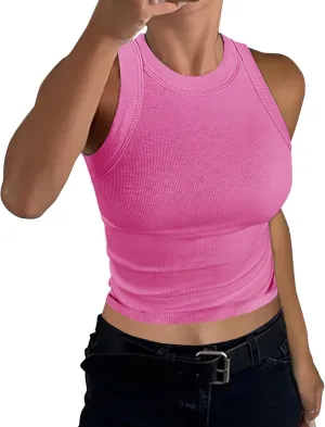 GEMBERA Womens Sleeveless High Neck Racerback Ribbed Knit Fitted Basic Cotton Cropped Tank Top
