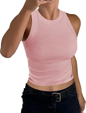 GEMBERA Womens Sleeveless High Neck Racerback Ribbed Knit Fitted Basic Cotton Cropped Tank Top