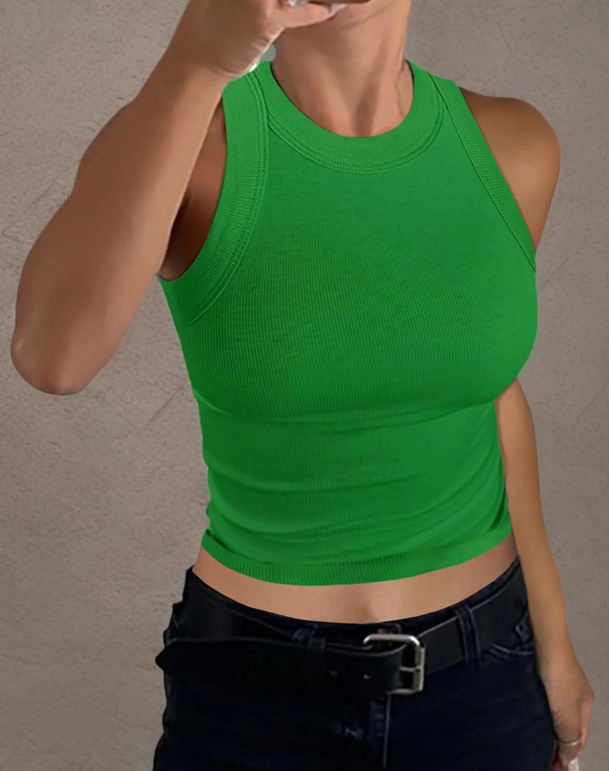 GEMBERA Womens Sleeveless High Neck Racerback Ribbed Knit Fitted Basic Cotton Cropped Tank Top