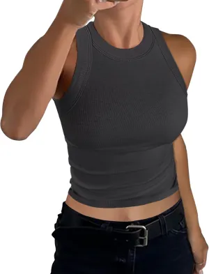 GEMBERA Womens Sleeveless High Neck Racerback Ribbed Knit Fitted Basic Cotton Cropped Tank Top