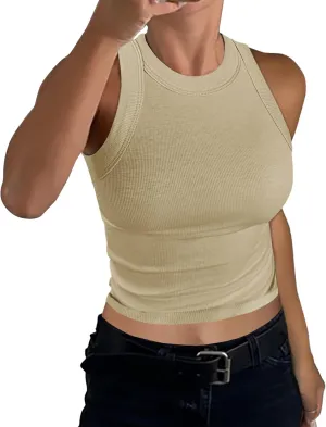 GEMBERA Womens Sleeveless High Neck Racerback Ribbed Knit Fitted Basic Cotton Cropped Tank Top