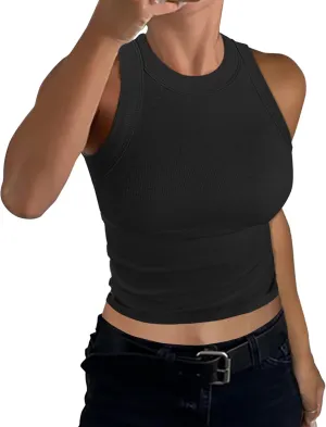 GEMBERA Womens Sleeveless High Neck Racerback Ribbed Knit Fitted Basic Cotton Cropped Tank Top