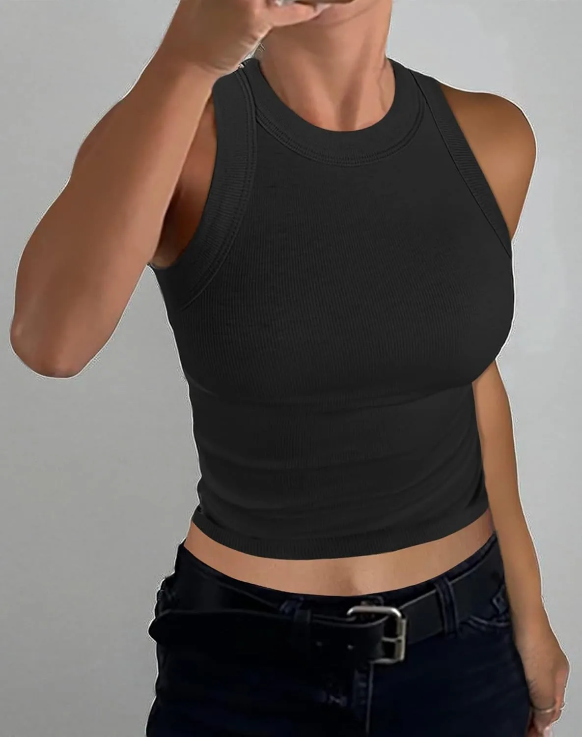 GEMBERA Womens Sleeveless High Neck Racerback Ribbed Knit Fitted Basic Cotton Cropped Tank Top