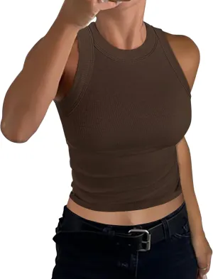 GEMBERA Womens Sleeveless High Neck Racerback Ribbed Knit Fitted Basic Cotton Cropped Tank Top