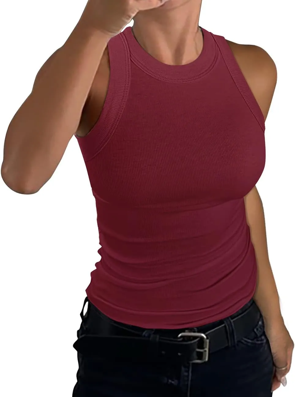 GEMBERA Womens Sleeveless Racerback High Neck Casual Basic Cotton Ribbed Fitted Tank Top