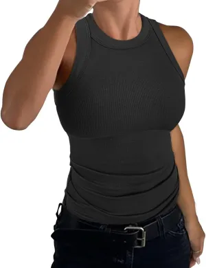 GEMBERA Womens Sleeveless Racerback High Neck Casual Basic Cotton Ribbed Fitted Tank Top